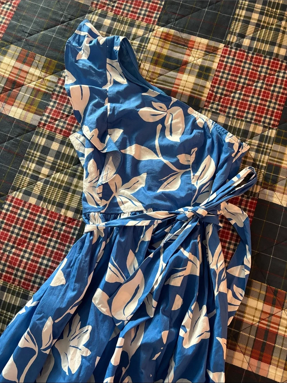 J. Crew One-Shoulder Blue and White Floral Midi Dress